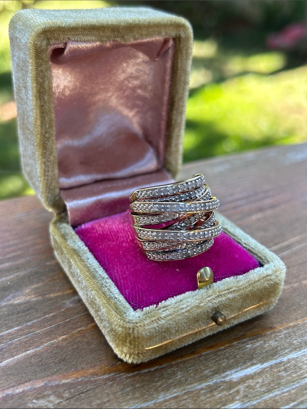 Elegant Multi Row Diamond 925 Silver with Gold finish Statement Ring Size 7